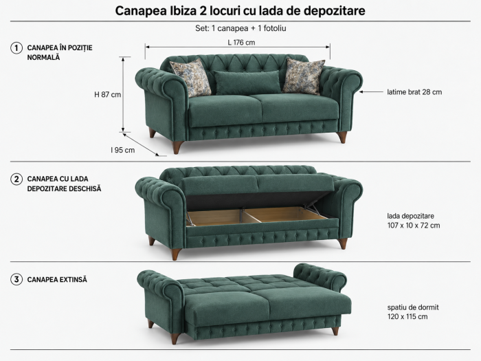 Set 3+2+1 Ibiza Lada Depozitare Tapitat Catifea Verde [13]