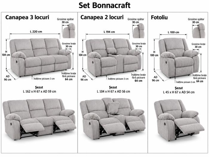 Set Canapele 3+2+1 Bonnacraft cu Recliner Tapitat Stofa Gri [11]