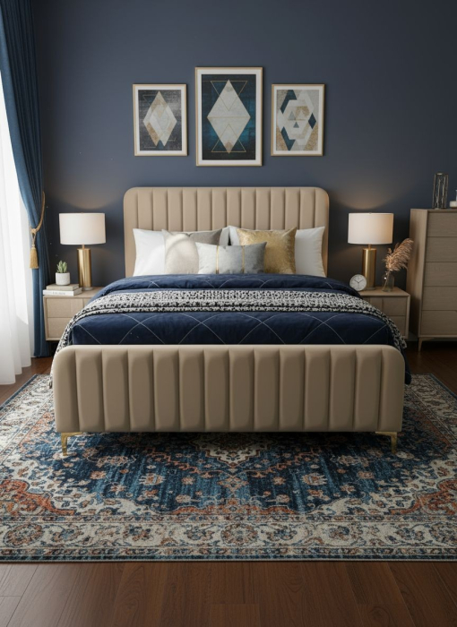 Pat+2 Noptiere Melinda 180x200 cm Tapitat Catifea Bej [2]