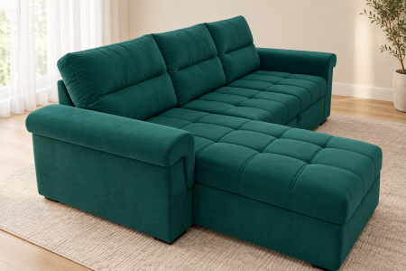 Canapele - Coltar Cansas-L 260x100x175 cm Lada Depozitare Tapitat Catifea Nuanta Verde