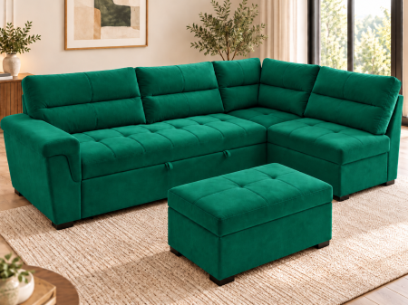 Canapele - Coltar 300x100x230 cm Cansas-Prime Lada Depozitare Tapitat Catifea Nuanta Verde