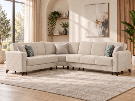Canapele - Coltar Kayra 310x90x250 cm Lada Depozitare Tapitat Catifea Nuanta Crem