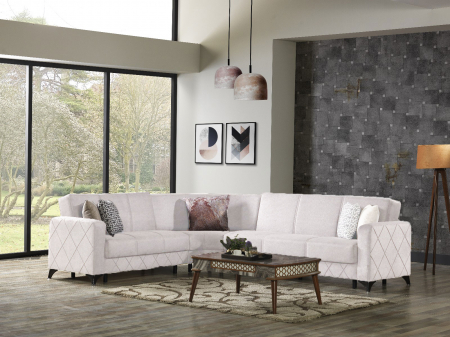 Canapele - Coltar Kayra 310x90x250 cm Lada Depozitare Tapitat Catifea Nuanta Crem