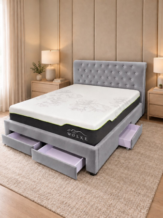 Paturi - Pat 160x200 cm Sunday Gri cu 4 sertare Tapitat Catifea Somiera Inclusa