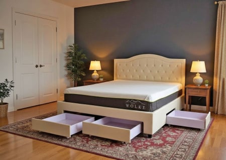 Produse - Pat Terasino cu sertare 160x200 cm Tapitat Catifea Bej