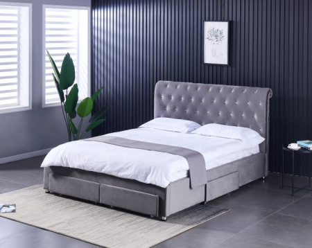 Paturi - Pat 180x200 cm Sunday Crem cu 4 sertare Tapitat Catifea Somiera Inclusa
