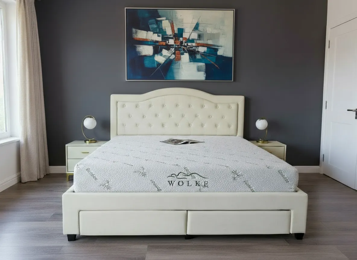 Paturi - Pat 180x200 Terasino Crem cu 4 sertare Tapitat Catifea Somiera Inclusa