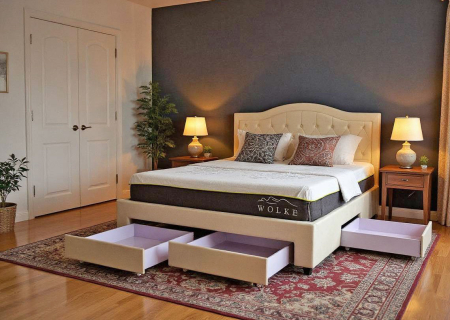 Produse - Pat 180x200 Terasino Crem cu 4 sertare Tapitat Catifea Somiera Inclusa