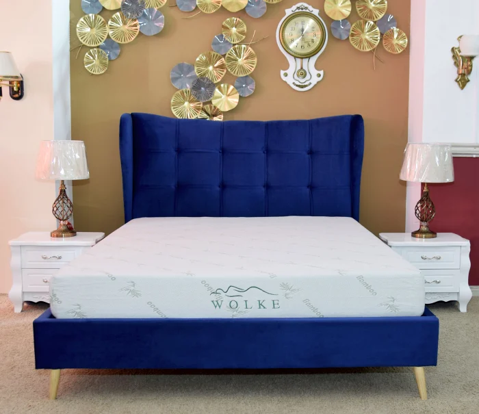 Produse - Pat Almera 160x200 cm Tapitat Catifea Albastru Somiera Inclusa