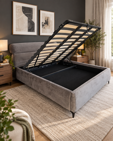 Paturi - Pat Arena 180x200 cm Lada de Depozitare Tapitat Catifea Gri Somiera Inclusa (cod ML2603-04)