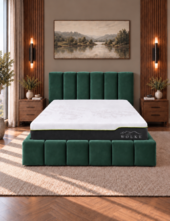 Paturi - Pat Bavaria 160x200 cu Lada de Depozitare Tapitat Catifea VerdeSomiera Inclusa