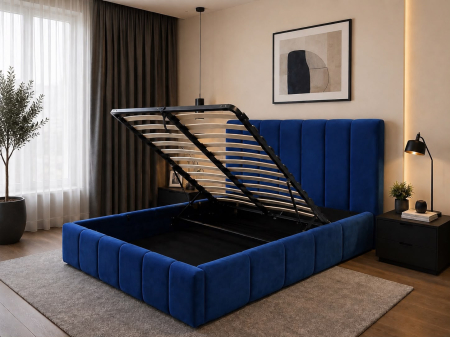 Produse - Pat Bavaria 180x200 cu Lada de Depozitare Tapitat Catifea Albastra Somiera Inclusa