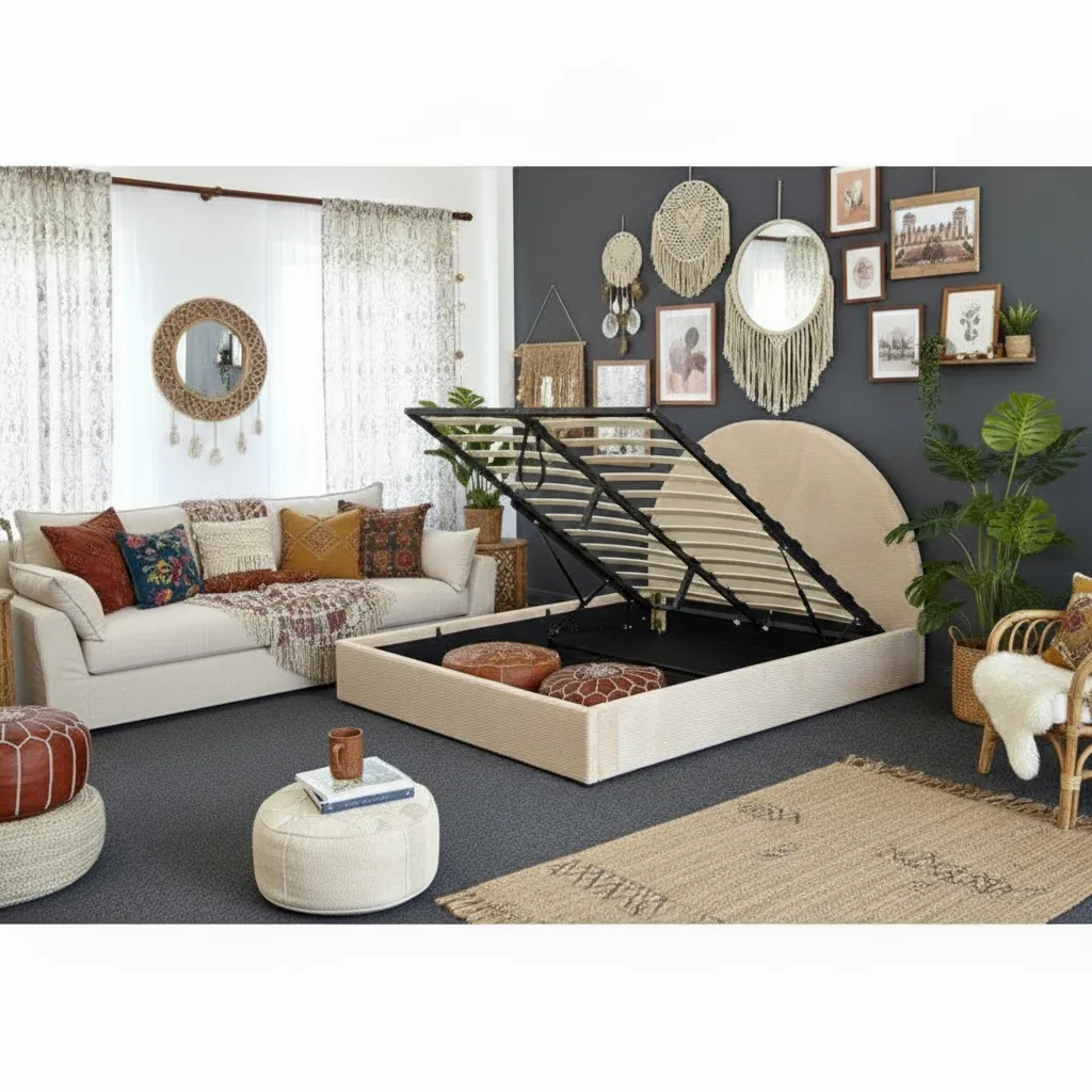 Produse - Pat Bond Lada Depozitare160x200 cm Tapitat Velvet Stripe Bej Somiera Inclusa MB33