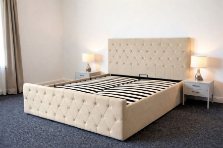 Produse - Pat Bravo 160x200 cm Lada Depozitare Tapitat Bej Somiera Inclusa