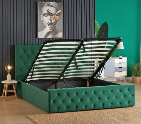 Produse - Pat Bravo 160x200 cm Lada Depozitare Tapitat Catifea Verde Somiera Inclusa