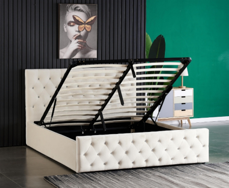 Produse - Pat Bravo 160x200 cm Lada Depozitare Tapitat Crem Somiera inclusa