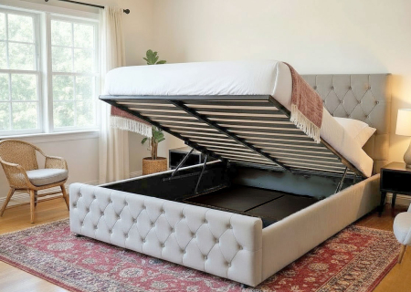 Paturi - Pat Bravo 180x200 cm Lada Depozitare Tapitat Catifea Gri Somiera Inclusa