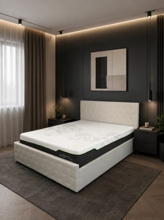 Pat Bravo 180x200 cm Lada Depozitare Tapitat Stofa Bej Somiera Inclusa - MarketMob