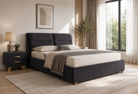 Produse - Pat Convers 160x200 cm Cu Lada De Depozitare Tapitat Stofa Gri Inchis Somiera Inclusa