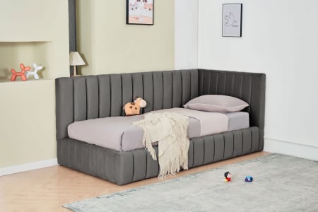 Produse - Pat Coral 120x200 cm Lada Depozitare Tapitat Catifea Bej Somiera Inclusa ( ML 2526 )