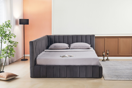 Paturi - Pat Coral 140x200 cm Lada Depozitare Tapitat Catifea Gri Somiera Inclusa ( ML 2526 )