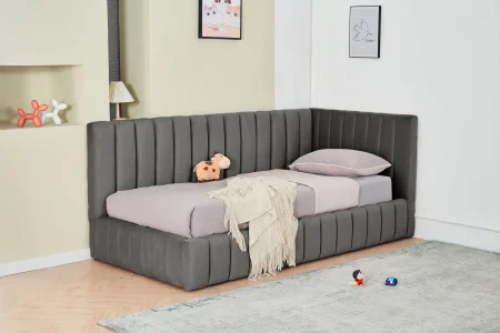 Produse - Pat Coral 140x200 cm Lada Depozitare Tapitat Catifea Gri Somiera Inclusa ( ML 2526 )