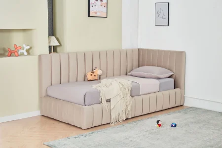 Produse - Pat Coral 140x200 cm Lada Depozitare Tapitat Catifea bej Somiera Inclusa ( ML 2526 )