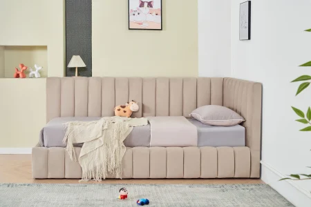 Pat Coral 160x200 cm Lada Depozitare Tapitat Catifea bej Somiera Inclusa ( ML 2526 ) [1]