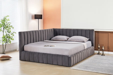 Paturi - Pat Coral 160x200cm Lada Depozitare Tapitat Catifea Gri Somiera Inclusa  ( ML 2526 )