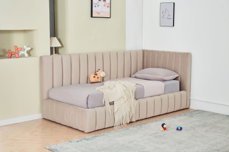 Produse - Pat Coral 90x200 cm Lada Depozitare Tapitat Catifea Bej Somiera Inclusa ( ML 2526 )