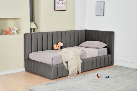 Produse - Pat Coral 90x200 cm Lada Depozitare Tapitat Catifea Gri Somiera Inclusa ( ML 2526 )