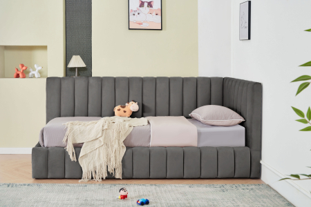 Pat Coral 90x200 cm Lada Depozitare Tapitat Catifea Gri Somiera Inclusa ( ML 2526 ) [1]