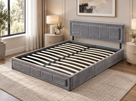 Paturi - Pat Daily 160x200 cm Lada Depozitare Tapitat Catifea Nuanta Gri Somiera Inclusa