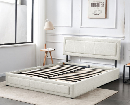 Paturi - Pat Daily 180x200 cm Lada Depozitare Tapitat Catifea Nuanta Crem Somiera Inclusa