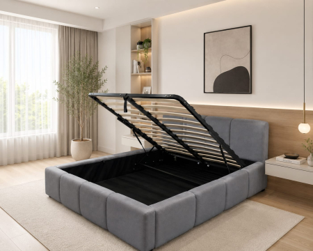 Produse - Pat Giovanni 160x200 Cu Lada De Depozitare Tapitat Catifea Gri Somiera Inclusa
