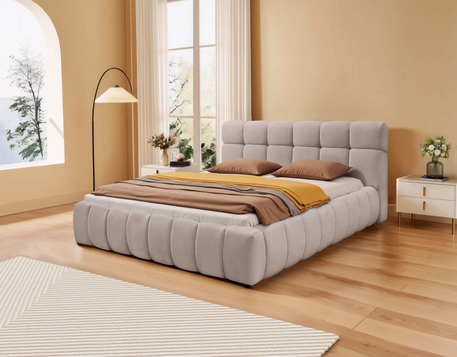 Produse - Pat Grande 180x200 cm Tapitat Catifea Bej Lada Depozitare