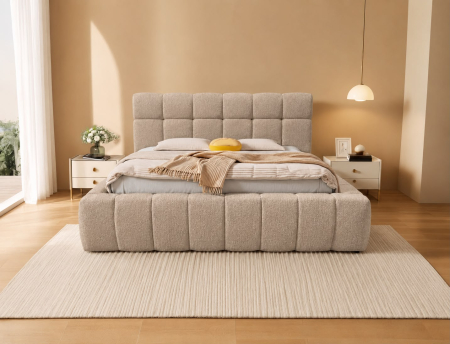 Produse - Pat Grande 160x200 cm Tapitat Stofa Maro Deschis Somiera Inclusa