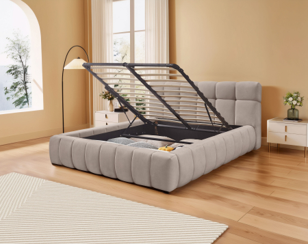 Produse - Pat Grande 160x200 cm Tapitat Stofa Maro Deschis Somiera Inclusa