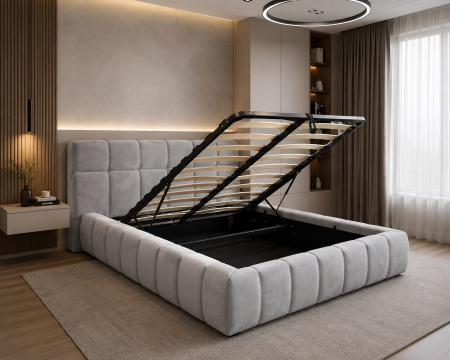 Produse - Pat Grande 180x200 cm Tapitat Catifea Gri Lada Depozitare