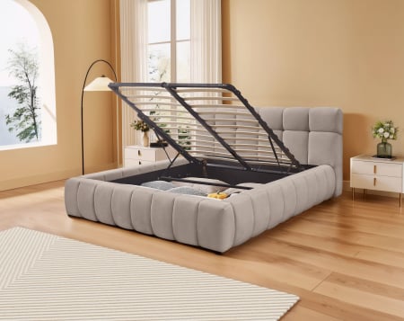 Produse - Pat Grande 180x200 cm Lada Depozitare Tapitat Stofa Maro Deschis Somiera Inclusa