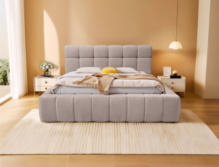 Pat Grande 180x200 cm Tapitat Stofa Maro Deschis Somiera Inclusa [1]