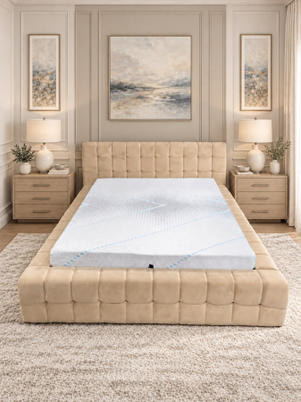 Paturi - Pat Grandiosso 160x200 Cu Lada De Depozitare Tapitat Catifea Bej