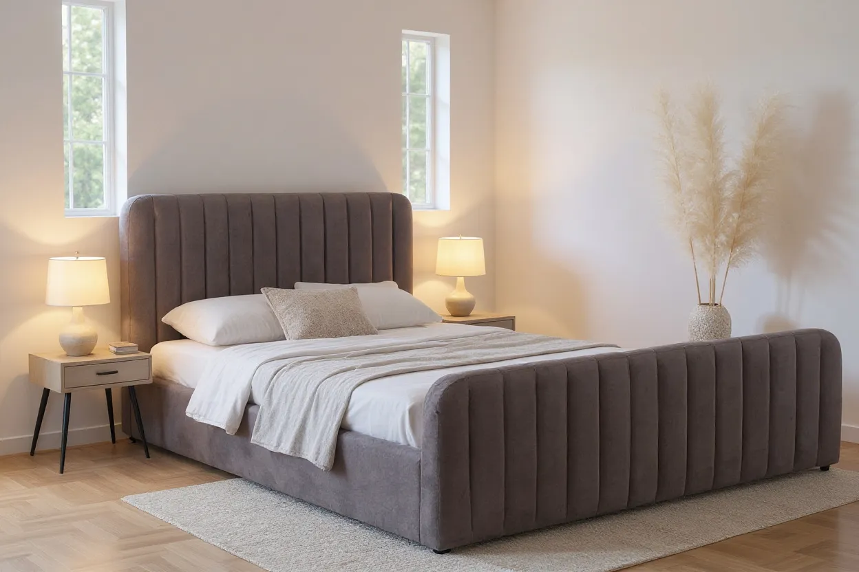 Produse - Pat Melinda 160x200 Lada de Depozitare Tapitat Catifea Gri