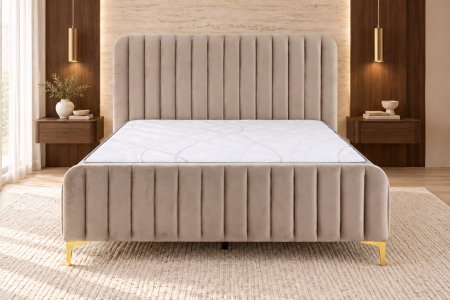 Paturi - Pat Melinda 180X200 Tapitat Catifea Bej Somiera Inclusa