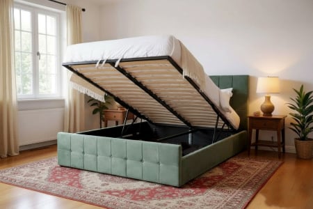 Produse - Pat Metropol 160x200 cm Lada Depozitare Tapitat Catifea Verde Somiera Inclusa