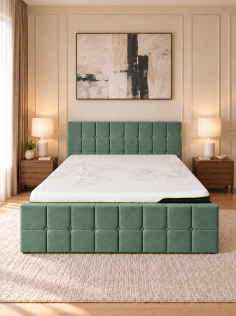 Paturi - Pat Metropol 160x200 cm Lada Depozitare Tapitat Verde Somiera Inclusa