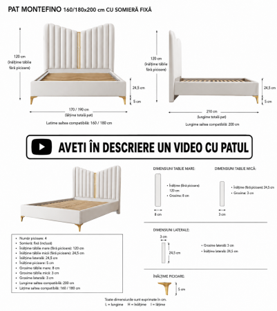 Paturi - Pat Montefino 160x200 cm Tapitat Catifea Nuanta Crem Somiera Inclusa (cod 6606)
