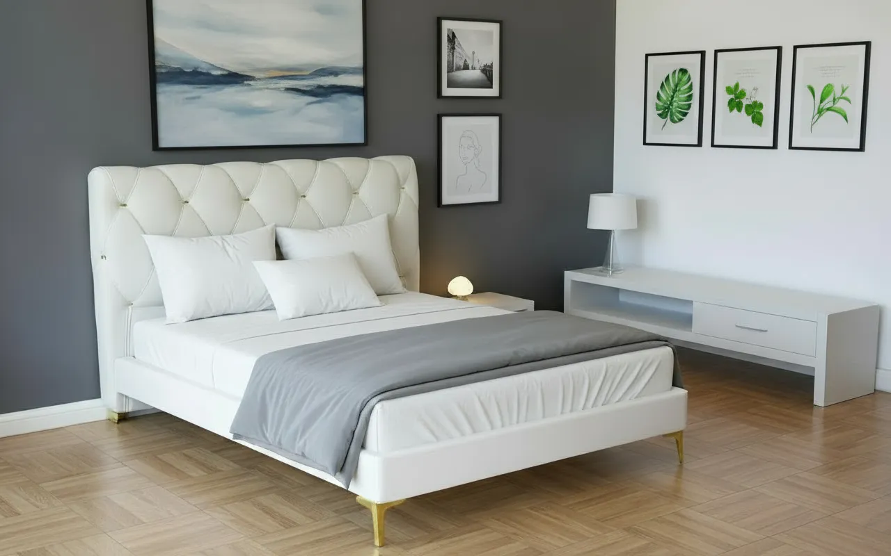 Paturi - Pat Myra 160x190 cm Tapitat Catifea Nuanta Crem Somiera Inclusa (cod RC80)