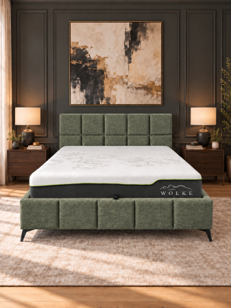 Paturi - Pat Rubik 160x200 cu Lada de Depozitare Tapitat Stofa Verde Somiera Inclusa