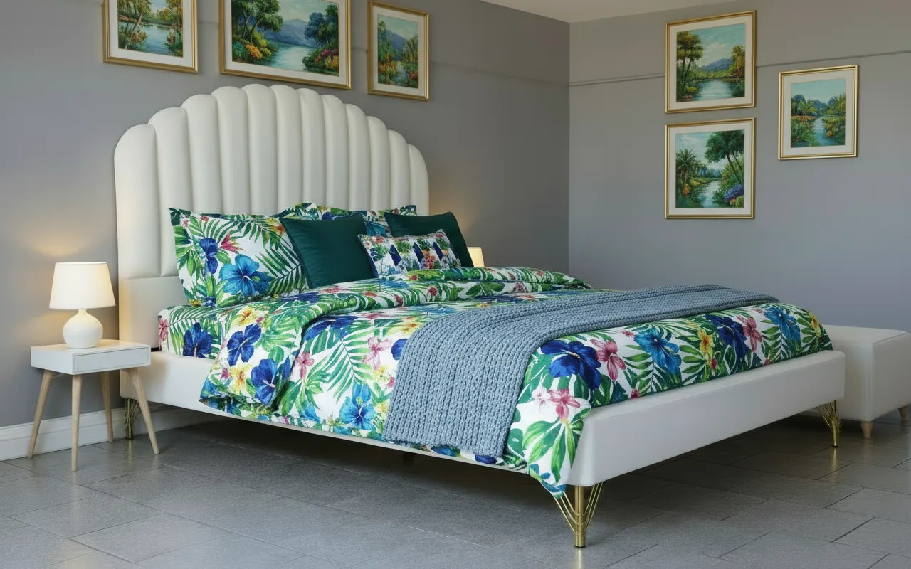 Produse - Pat Siena 140x190 cm Tapitat Catifea Nuanta Crem Somiera Inclusa (cod RC75)